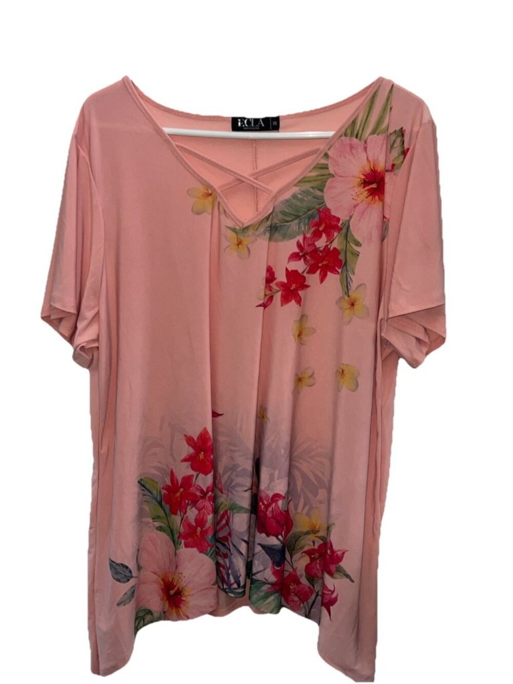 ECLA Women’s Top Orange Floral Plus Size / 3X Criss Cross V/neckline S/S